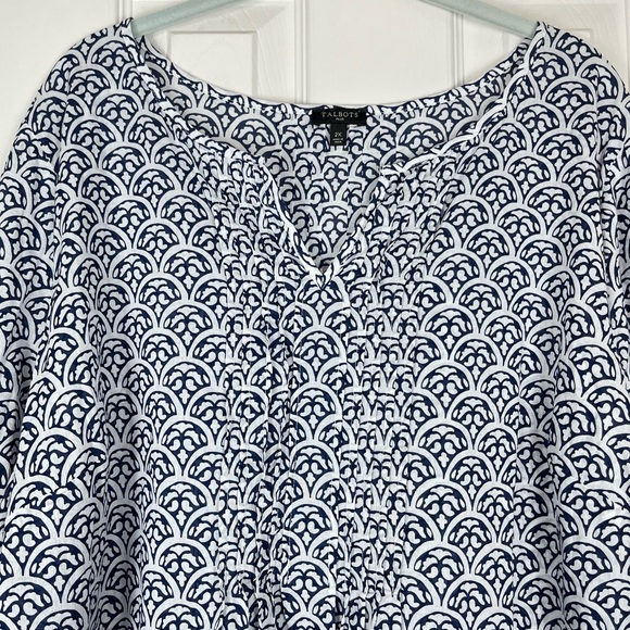 Talbots Plus Cotton Split Neck Pintuck Blouse Top Scallop Tile Print Sz 2X - Picture 3 of 8